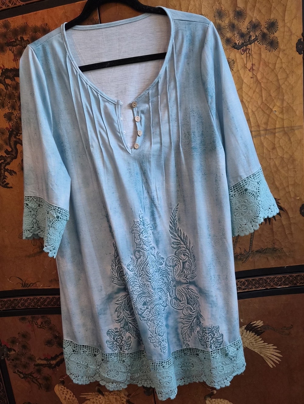 NEW!!!  Light Blue Lace-Trim Women's Tunic Top with Button Placket